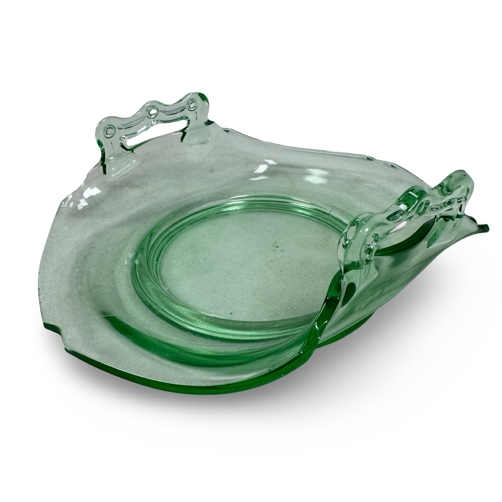 Vintage Uranium Depression Glass Bon Bon Dish Tray Green Glows UV Curved Handles